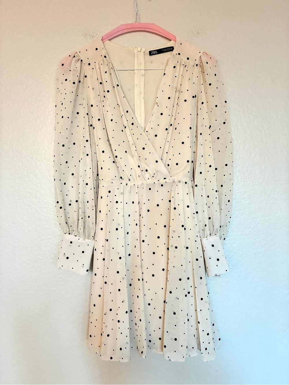Zara Cream Polka Dot Long Sleeve Wrap-Style Mini Dress